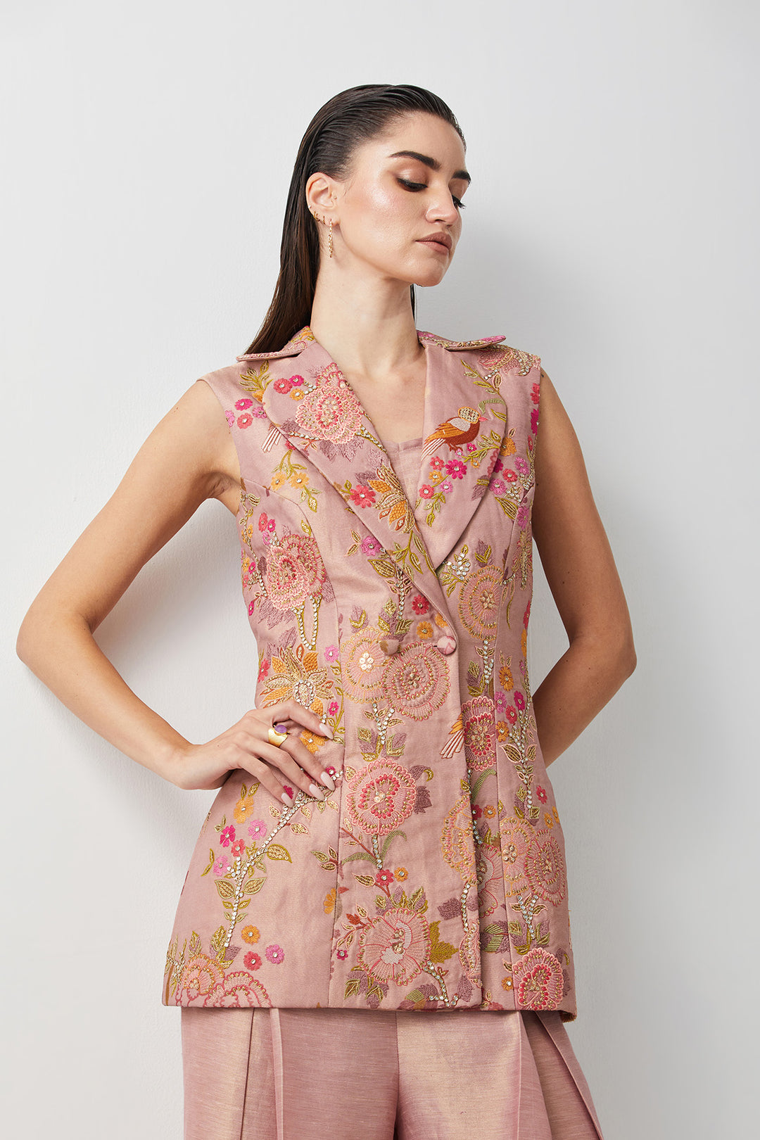 Rose embroidered jacket sharara set