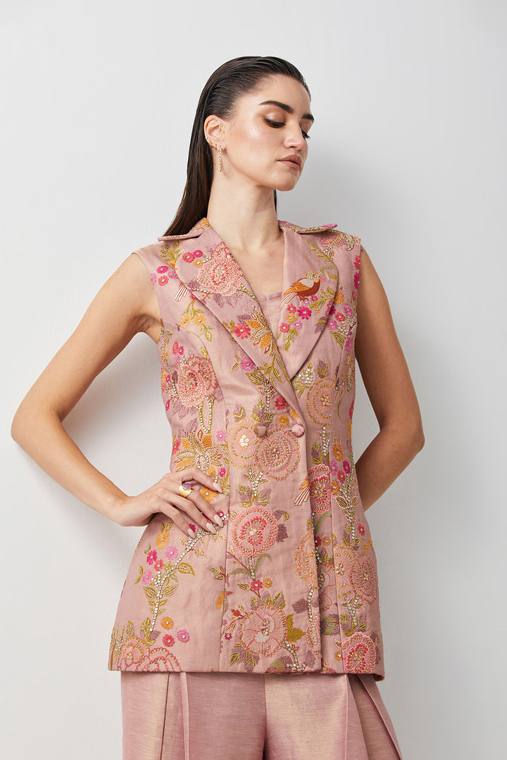 Rose embroidered jacket sharara set