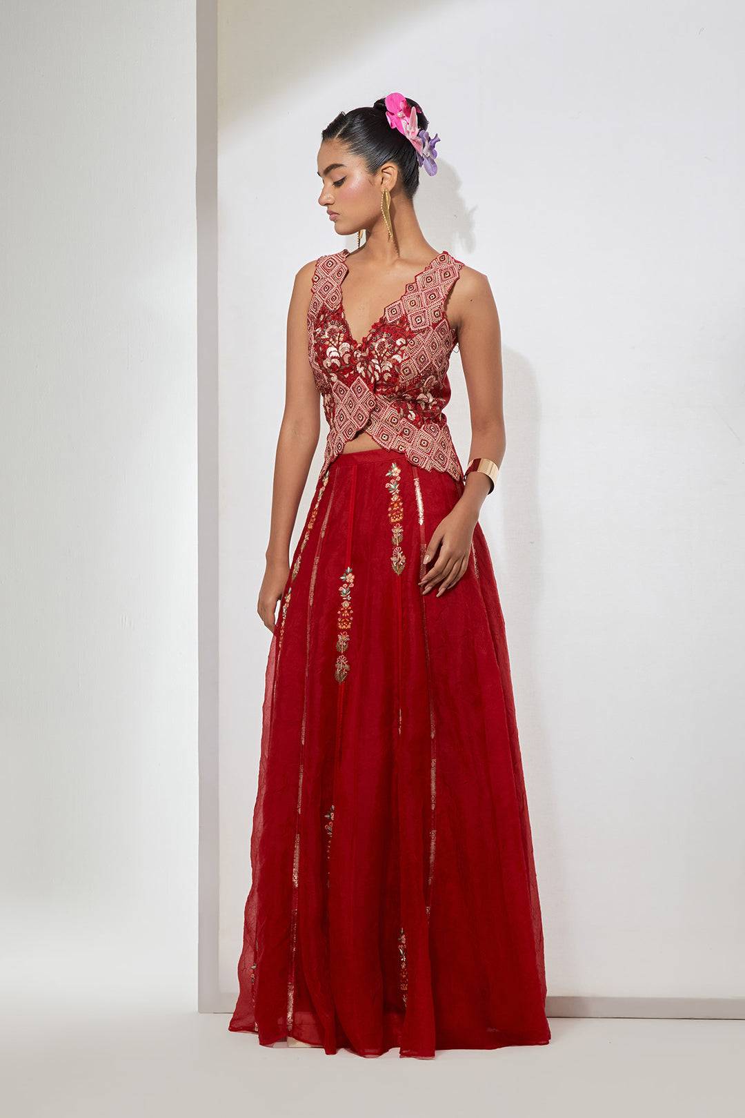 Gulab Crimson Hand-Embroidered Silk Corset &amp; Organza Skirt