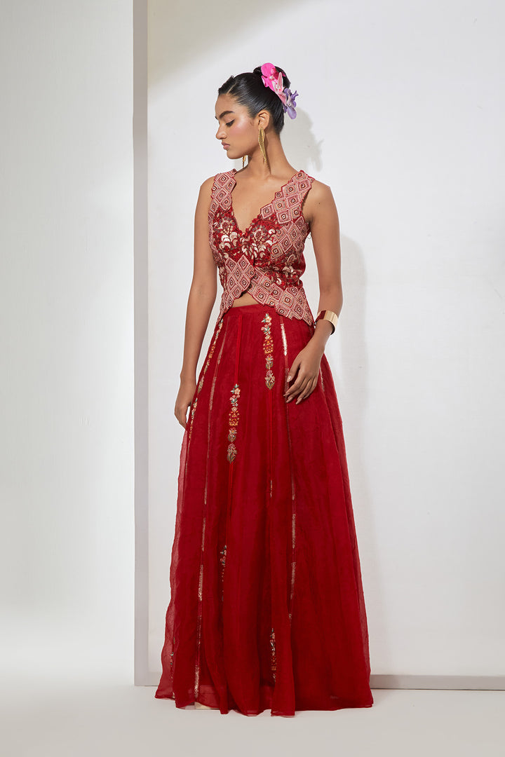 Gulab Crimson Hand-Embroidered Silk Corset &amp; Organza Skirt