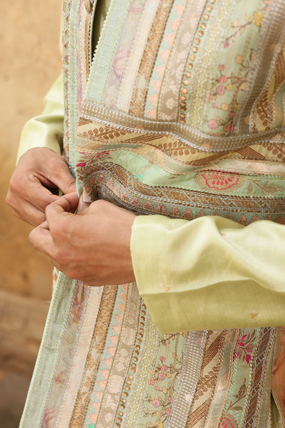 Mint Green Silk Kurta Set with Brocade Jacket