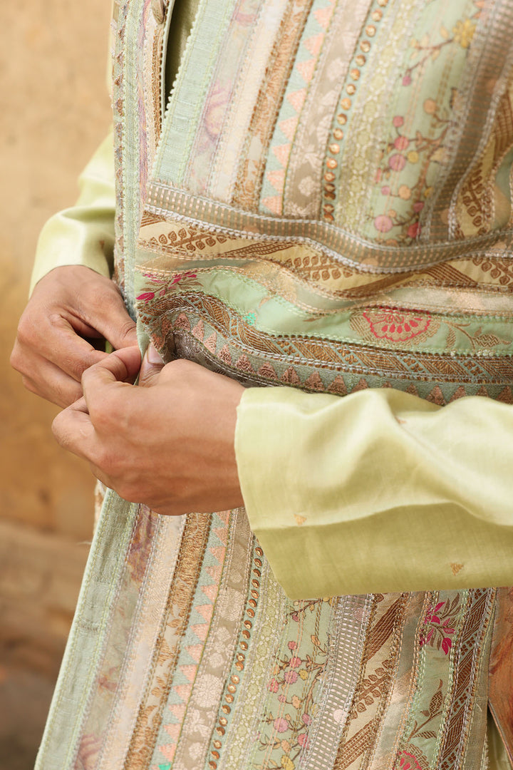 Mint Green Silk Kurta Set with Brocade Jacket