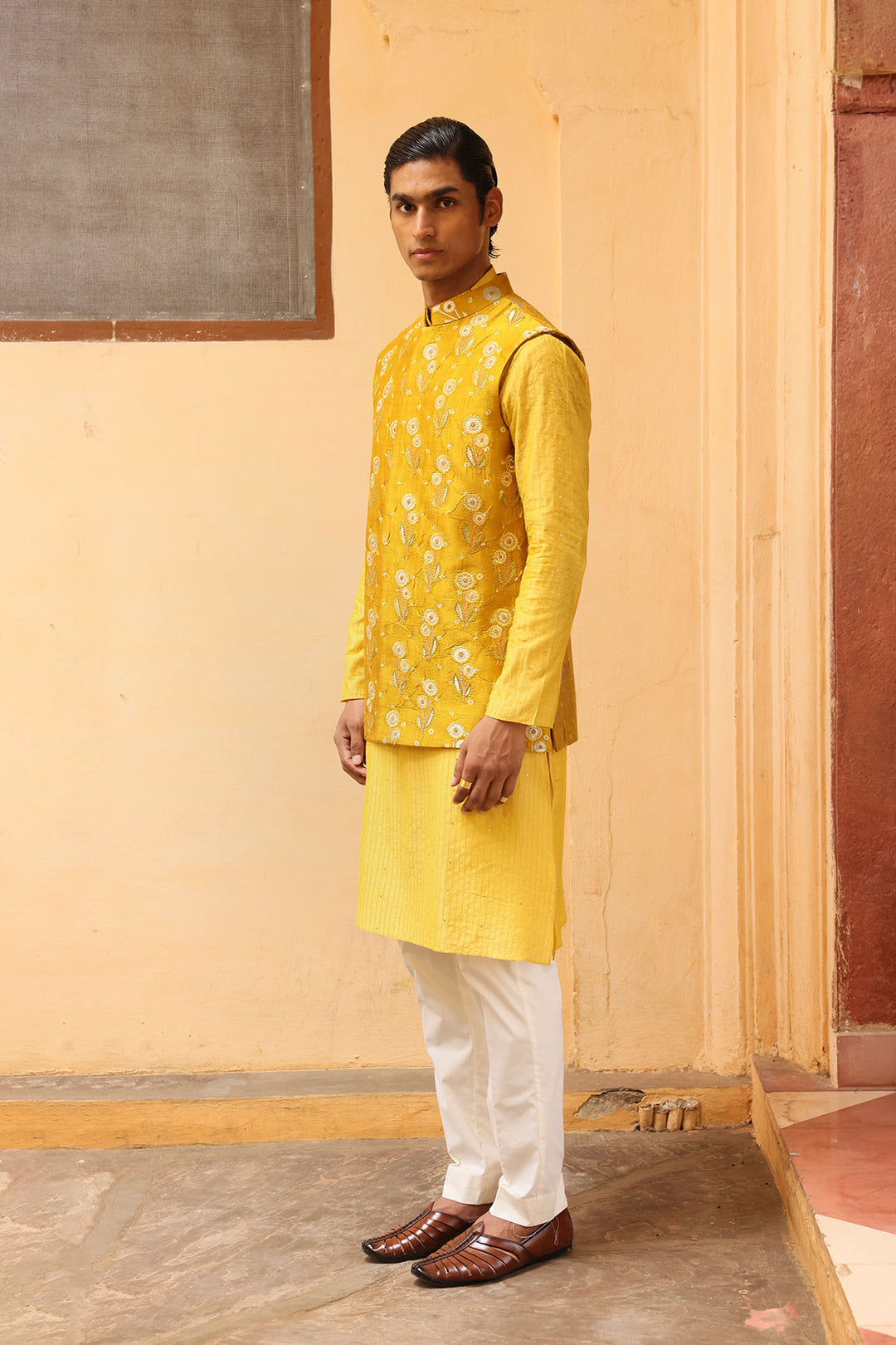 Marigold Yellow Silk Brocade Floral Bandi Set