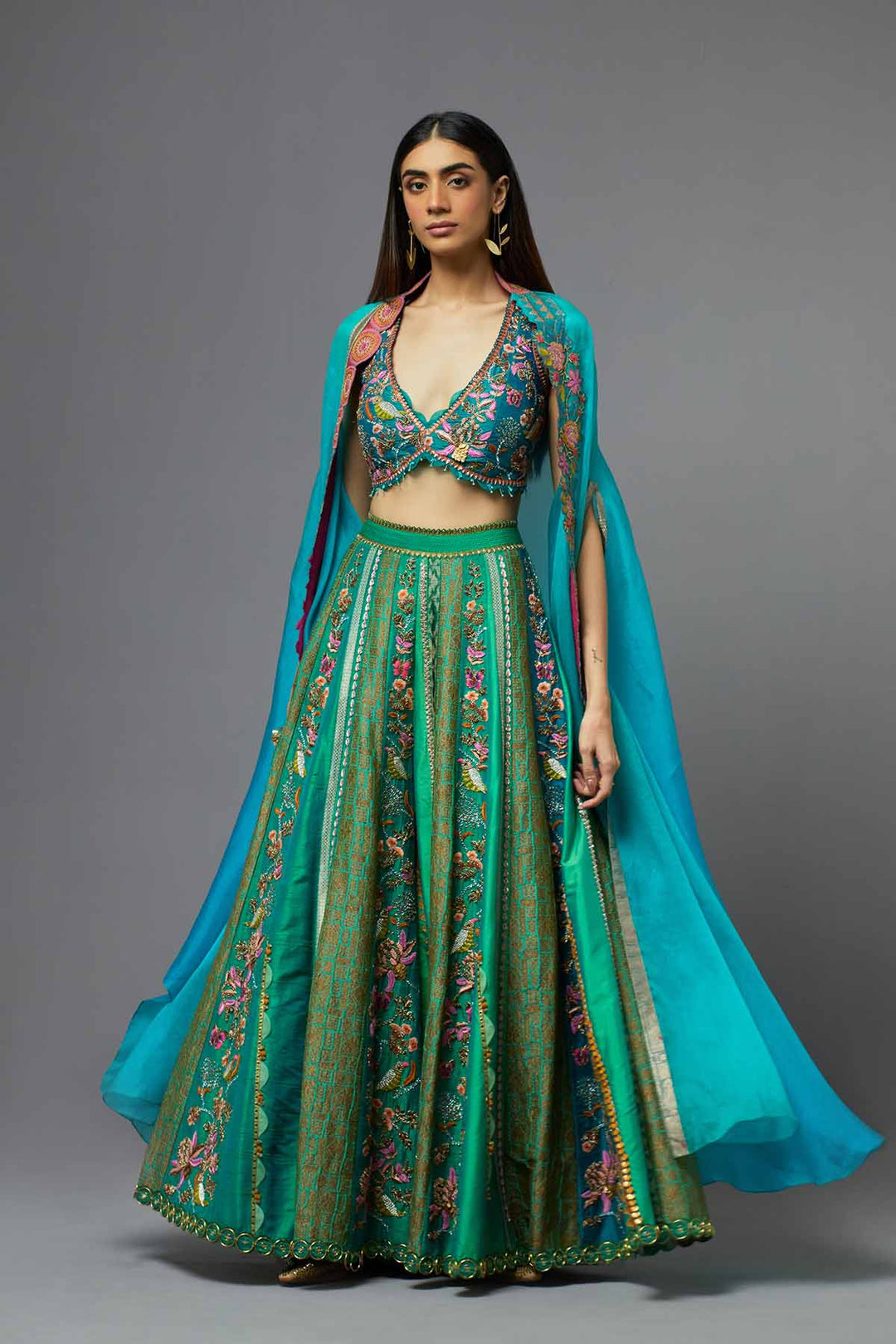 Green embroidered sharara set with ombre cape
