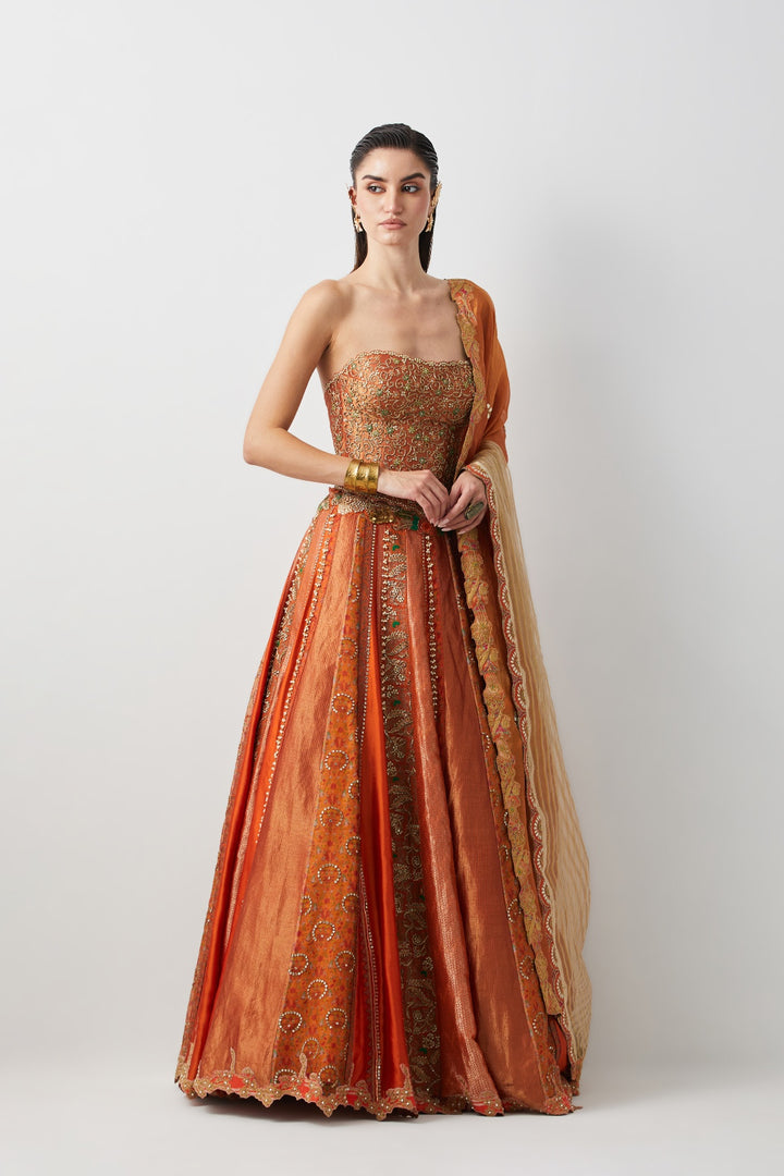 Roasted Carrot Hand Embroidered Lehenga Set with Organza Dupatta