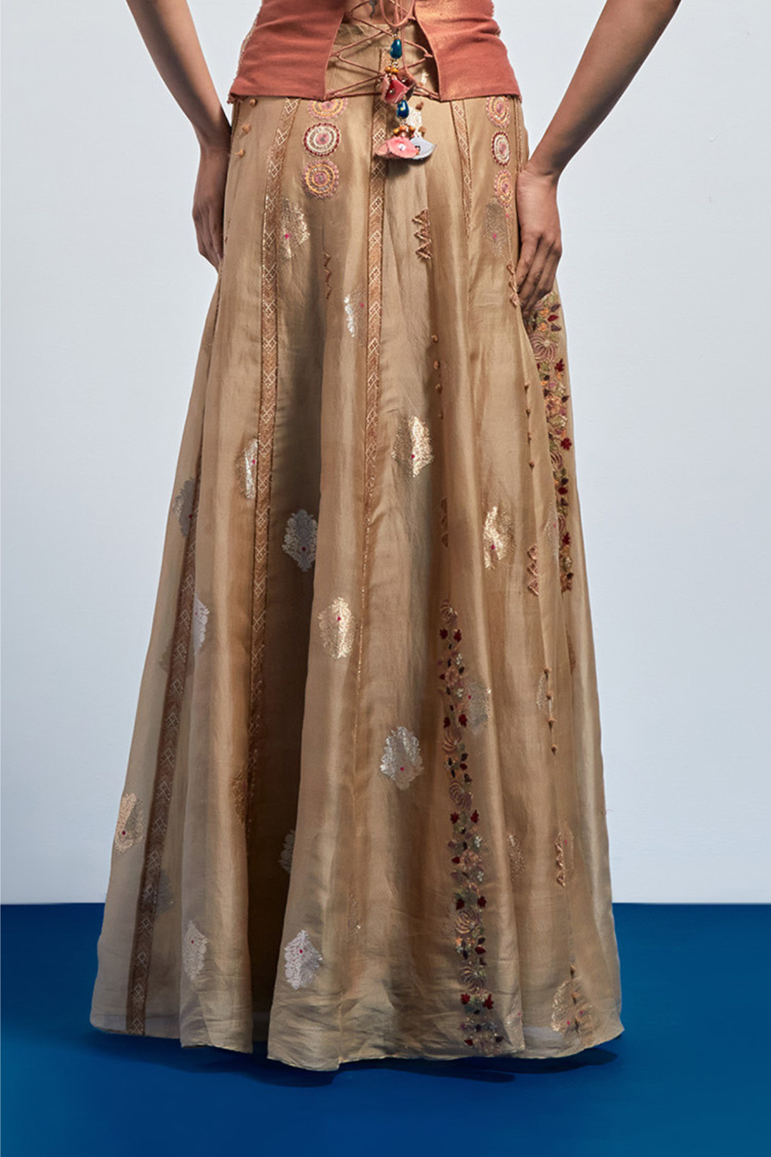 Beige Gold Motif Embroidered Skirt
