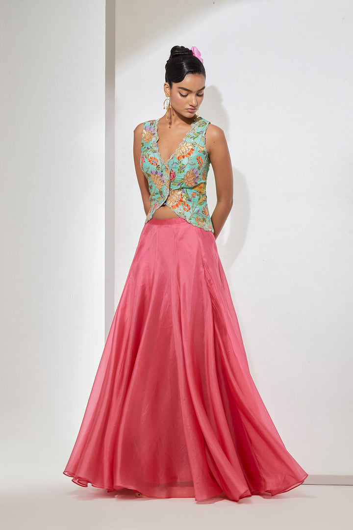 Gulbahar Hand-Embroidered Silk Corset &amp; Organza Skirt Set