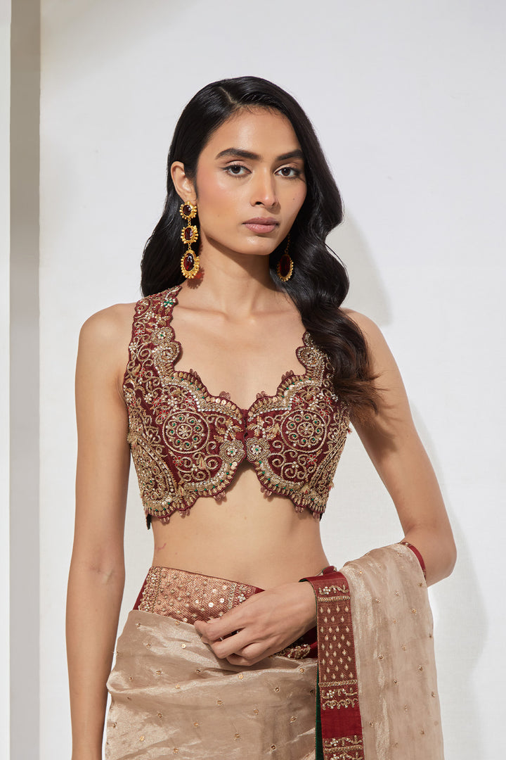 Ivory Tissue Saree with Multicolour Hand-Embellished Blouse