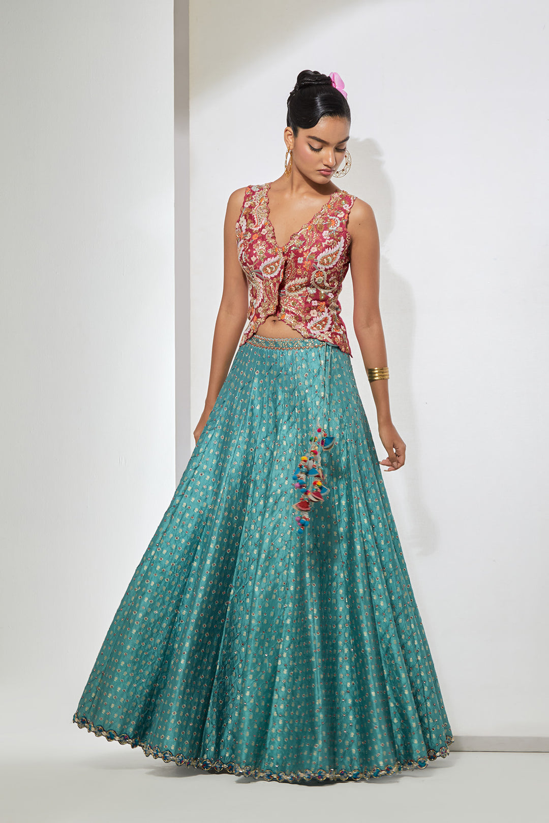 Rani Pink Embroidered Vest &amp; Teal Banarasi Lehenga