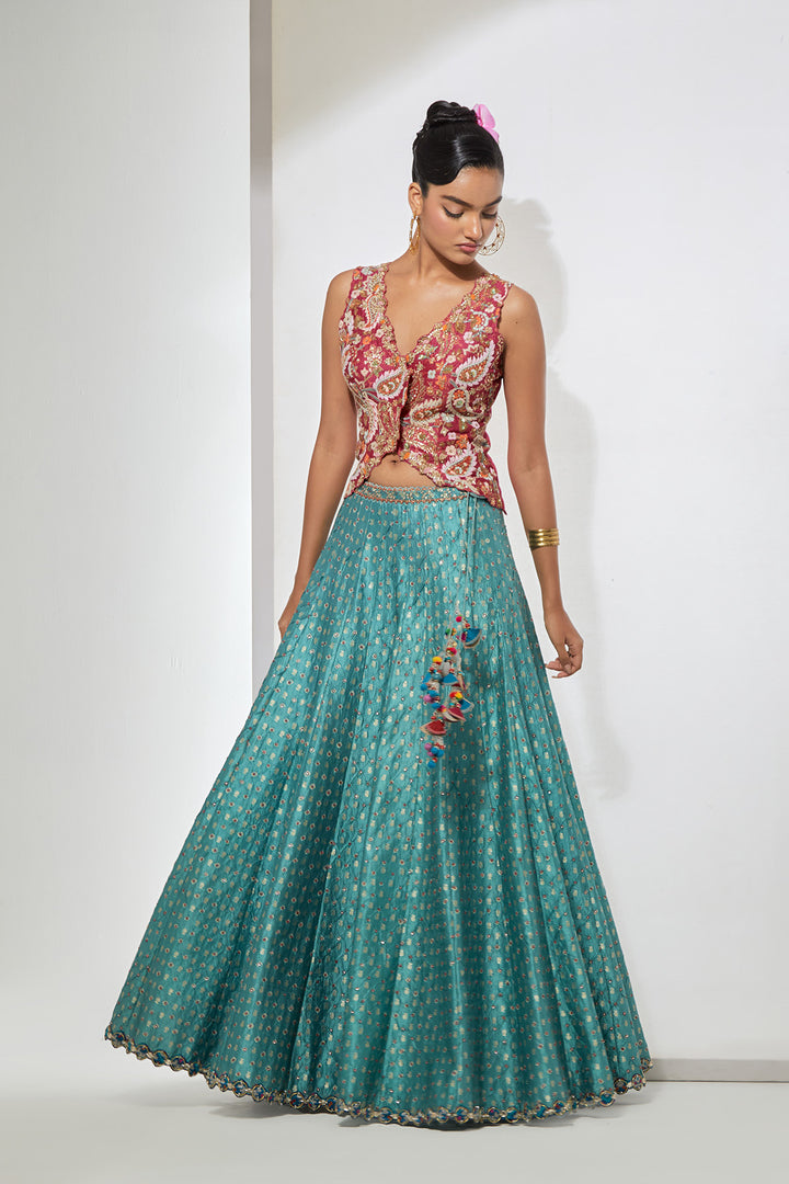 Rani Pink Embroidered Vest &amp; Teal Banarasi Lehenga