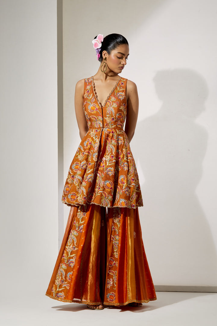 Rust Bloom Peplum Sharara Set