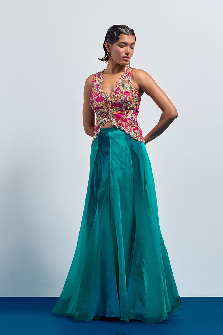 Fuchsia Pink Floral Embroidered Corset