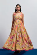 Beige yellow floral embroidered anarkali set