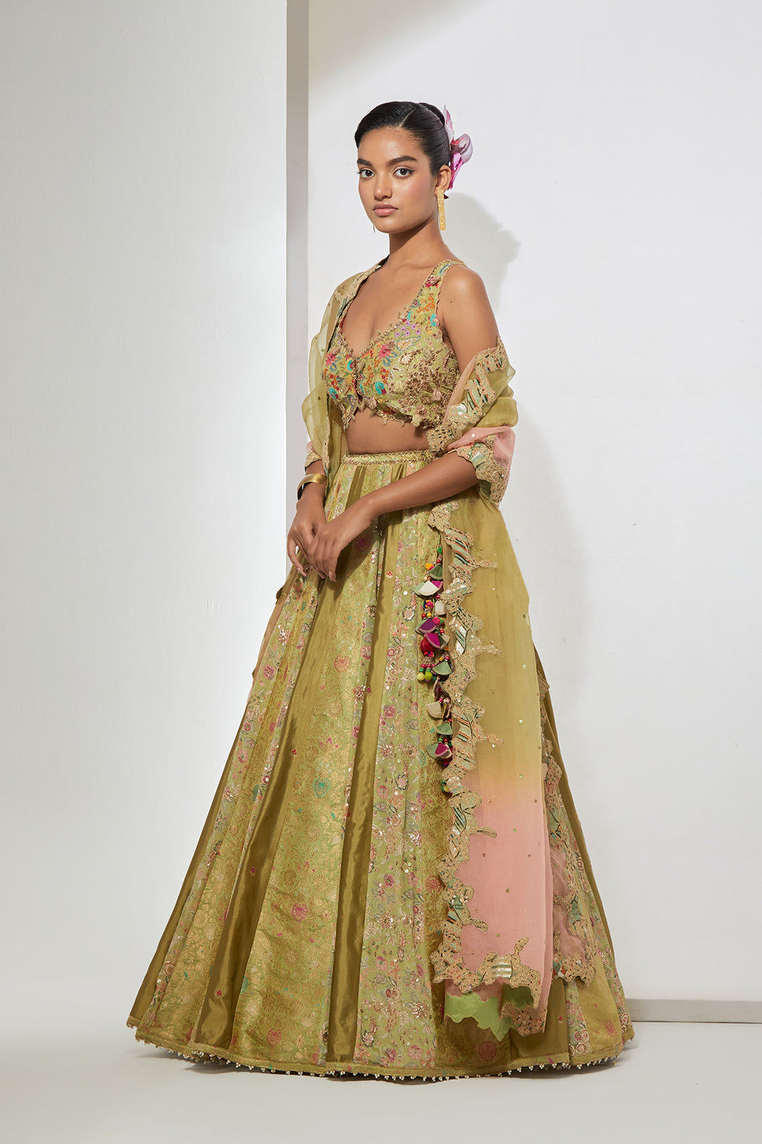 Lime Brocade Lehenga Set with Embellished Bralette &amp; Organza Dupatta