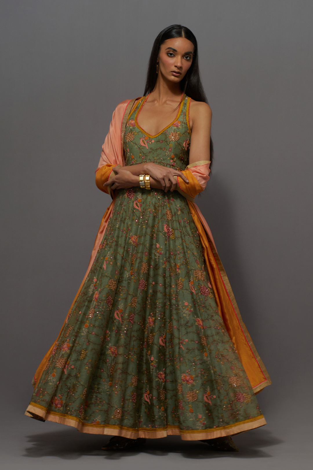 Olive green embroidered anarkali gown with dupatta