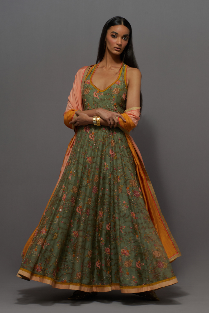 Olive green embroidered anarkali gown with dupatta