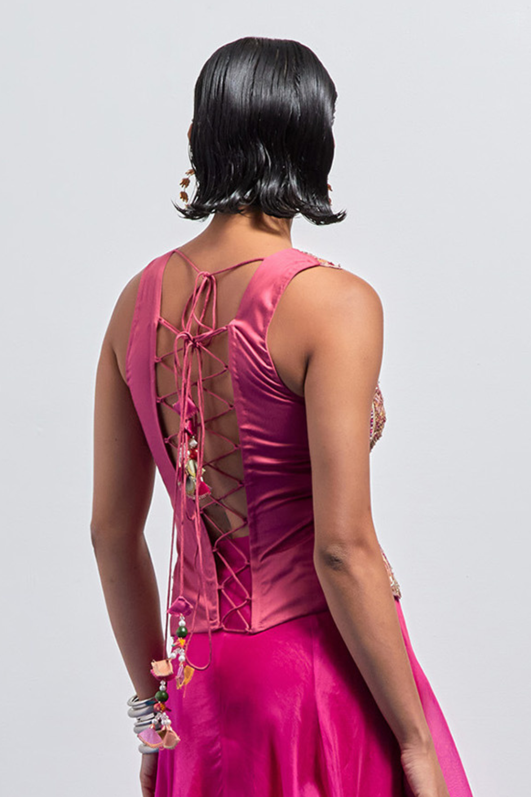 Nude-Pink Embroidered Scallop Corset+Fuschia Organza Flared Skirt