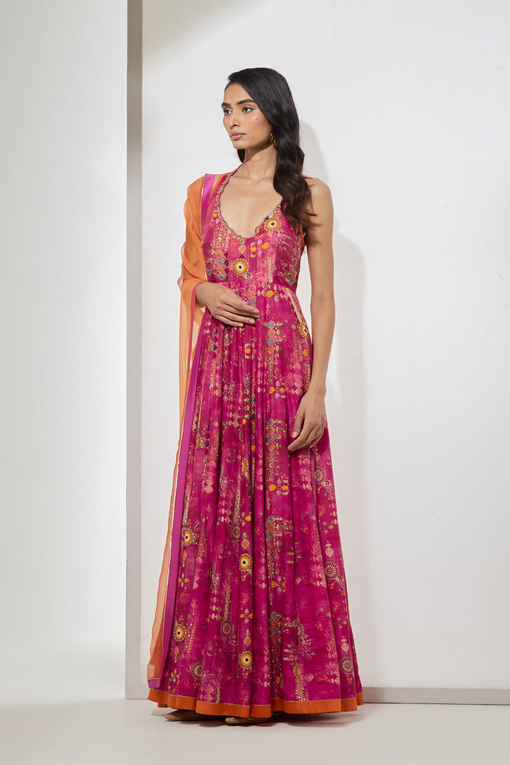 Fuchsia Floral Printed Anarkali Set