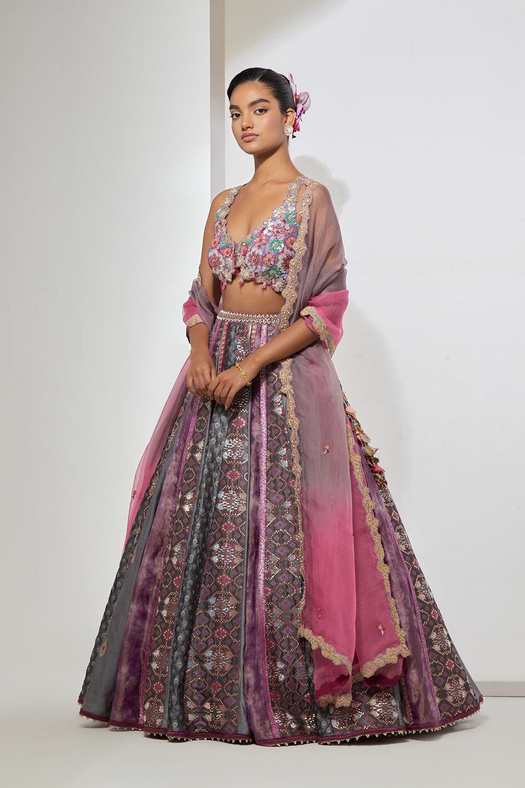 Lilac Patchwork Lehenga Set with Floral Embellished Bralette &amp; Ombre Dupatta