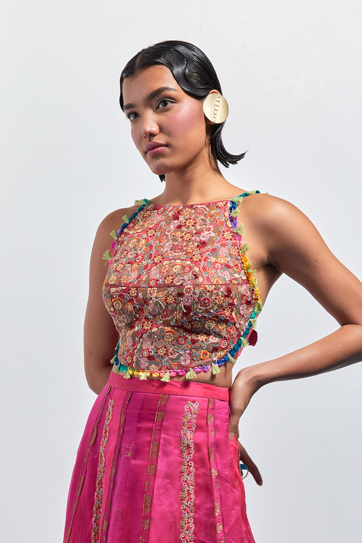 Rust Red Multi-Thread Tassel Corset+Fuchsia Pink Embroidered Organza Skirt