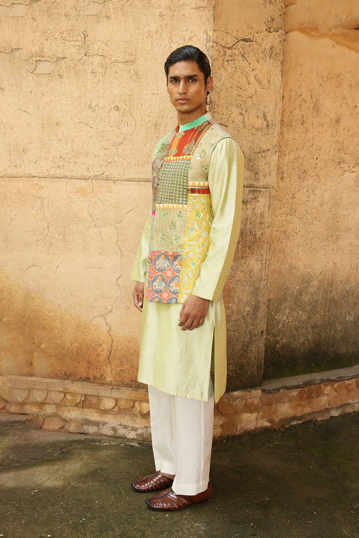 Mint Green Silk Kurta Set with Patchwork Brocade Jacket