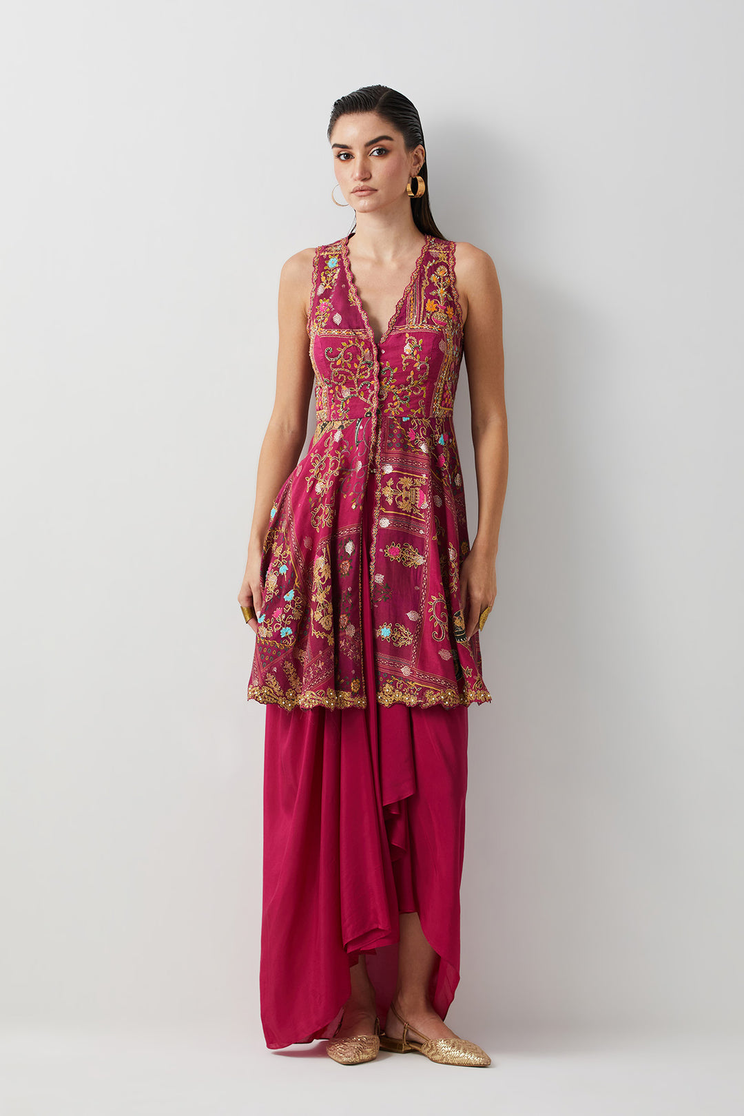 Magenta embroidered peplum skirt set