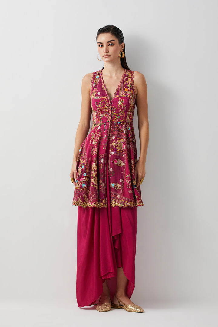 Magenta embroidered peplum skirt set