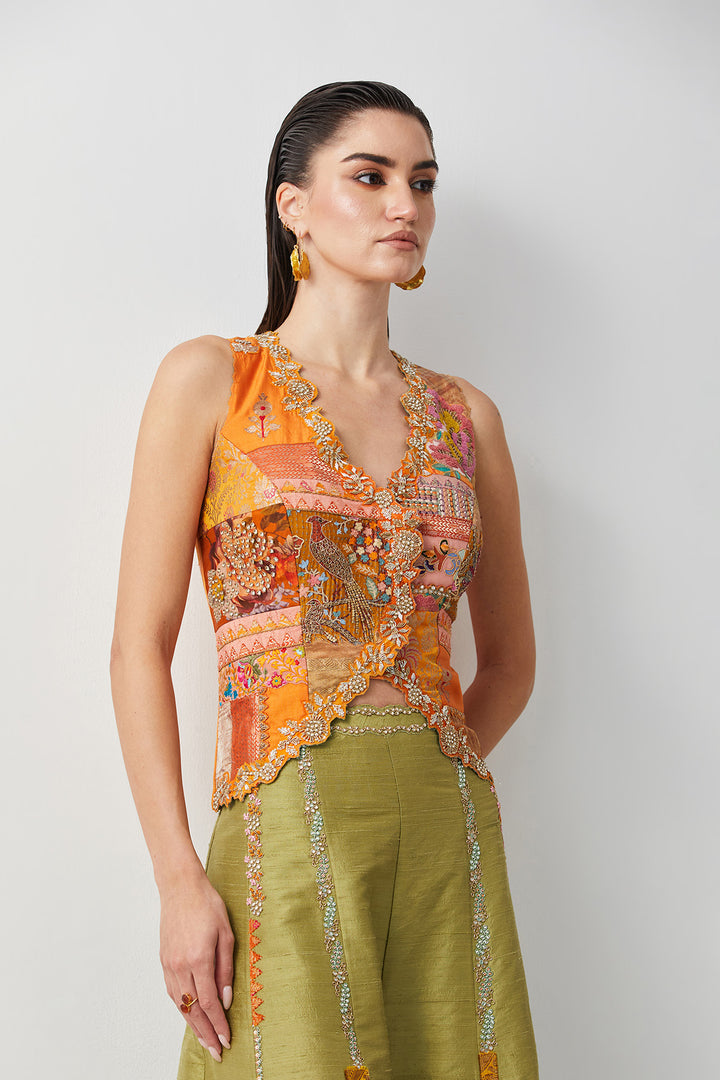 Embroidered silk jacket top with olive plazzo set.