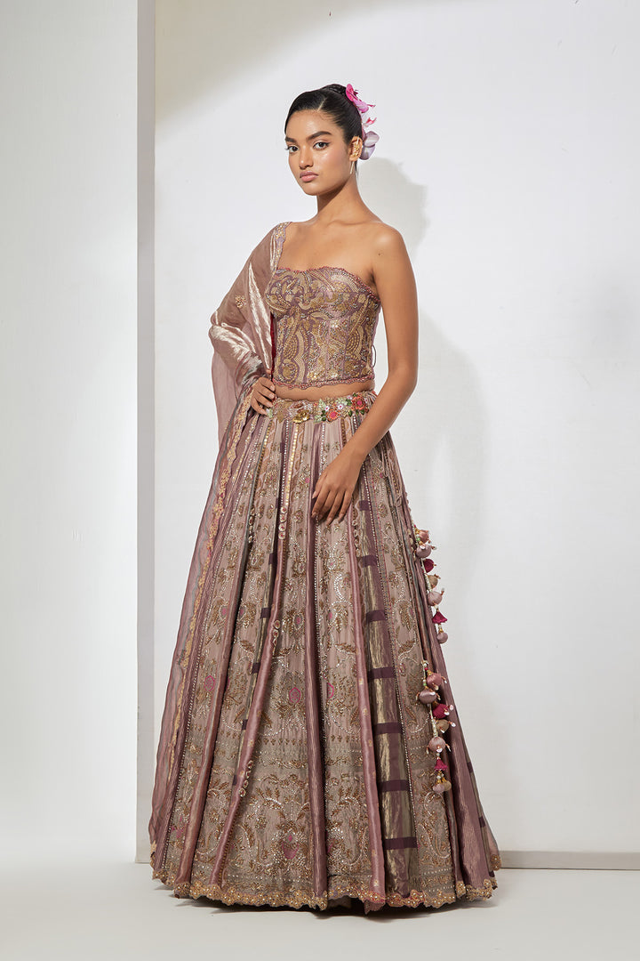 Mauve Blush Multi-Panel silk brocade Lehenga Set with Heavy Hand-Embroidered Corset Blouse