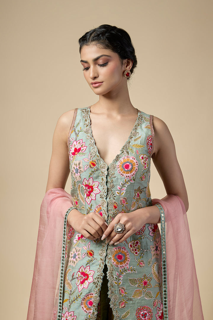Sage Green Embroidered Jacket Set with Sharara &amp; Organza Dupatta