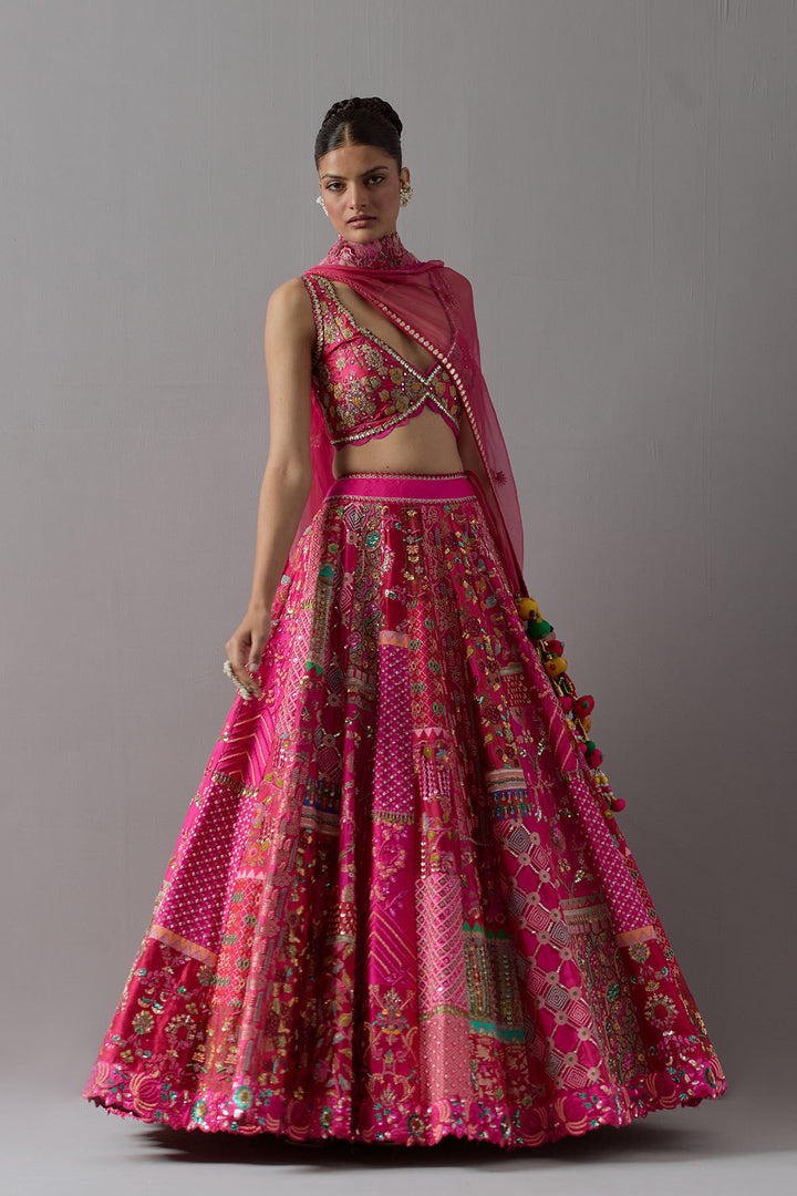 Hot pink embroidered lehenga choli with dupatta