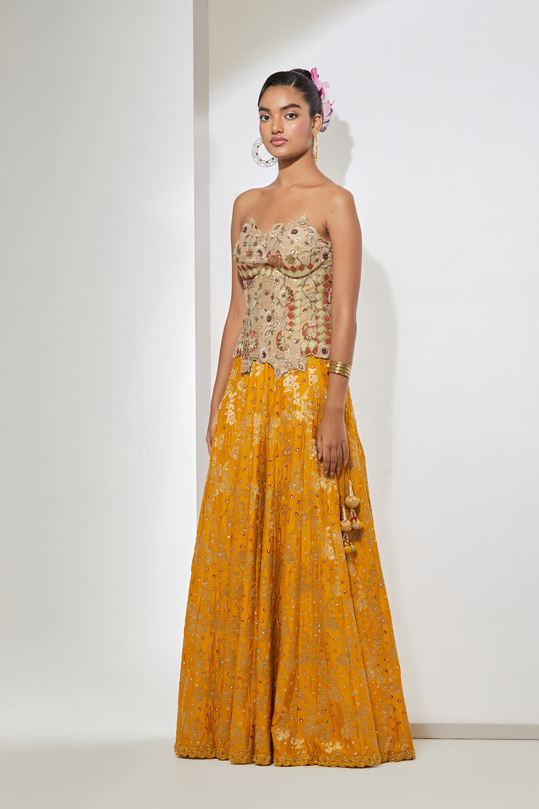 Antique Gold Floral Strapless Corset &amp; Mustard Bandani Silk Lehenga