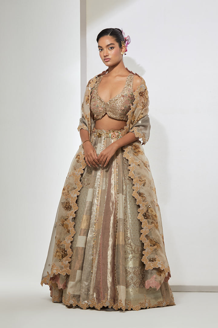 Ivory Taupe Silver Multi-Panel Tissue and Silk Brocade Lehenga Set with 3D Tassel Corset Blouse