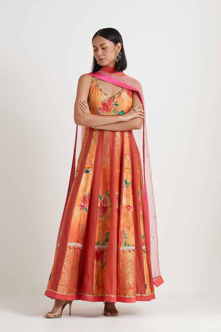 Orange printed anarkali gown with dupatta