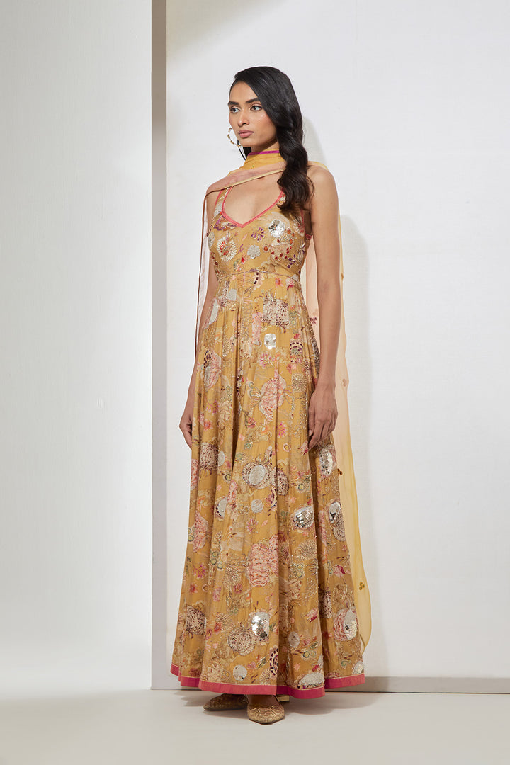 Yellow Floral Printed Anarkali Set with Organza Dupatta