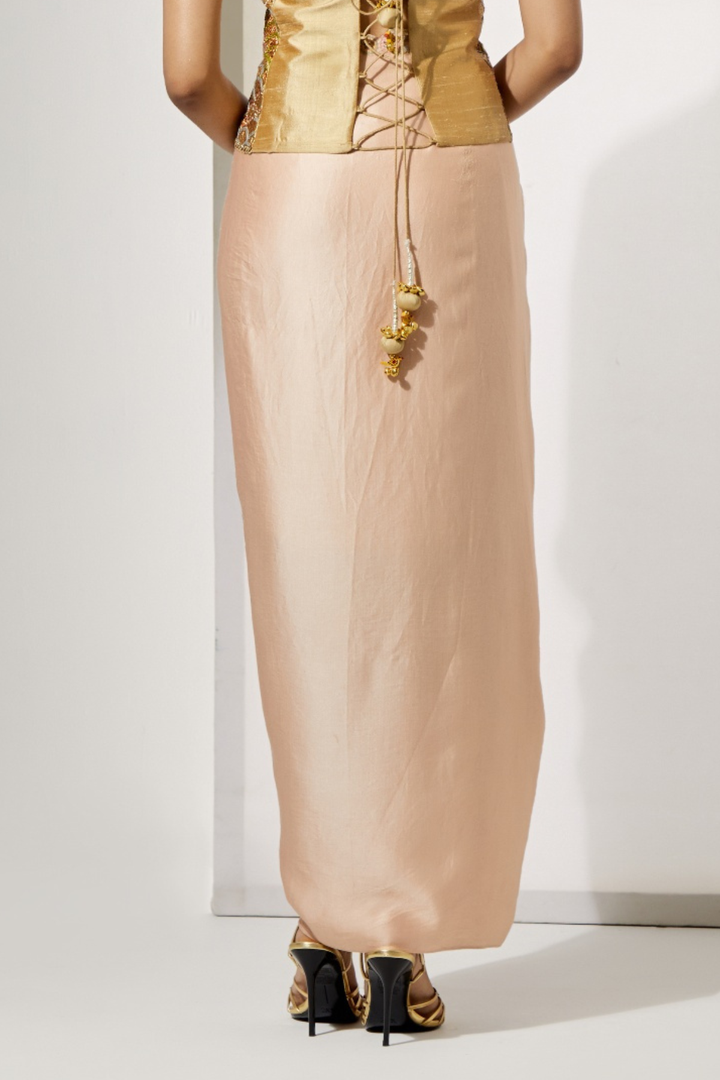 Pastel Patchwork Embroidered Corset+Peach Draped Dhoti Skirt