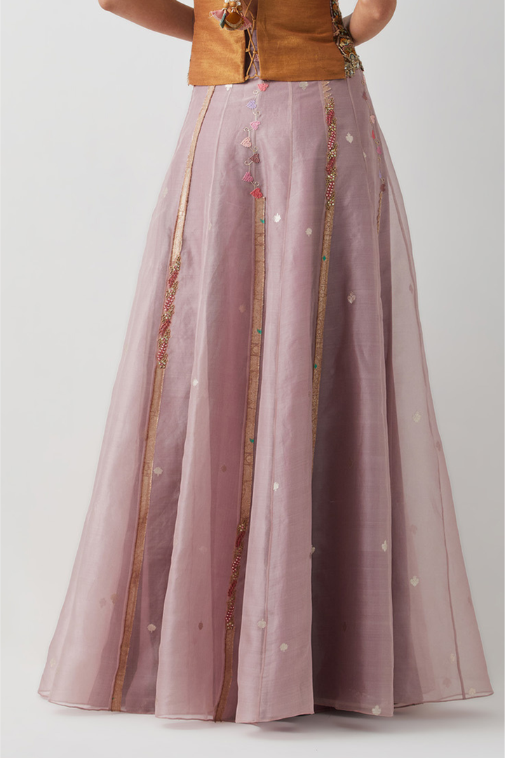 Dusty Mauve Embroidered Organza Skirt+Pastel Patchwork Embroidered Corset