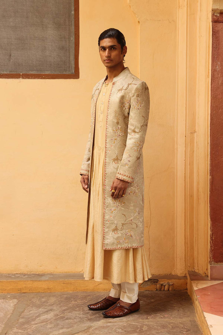 Ivory Silk Embroidered Sherwani Set