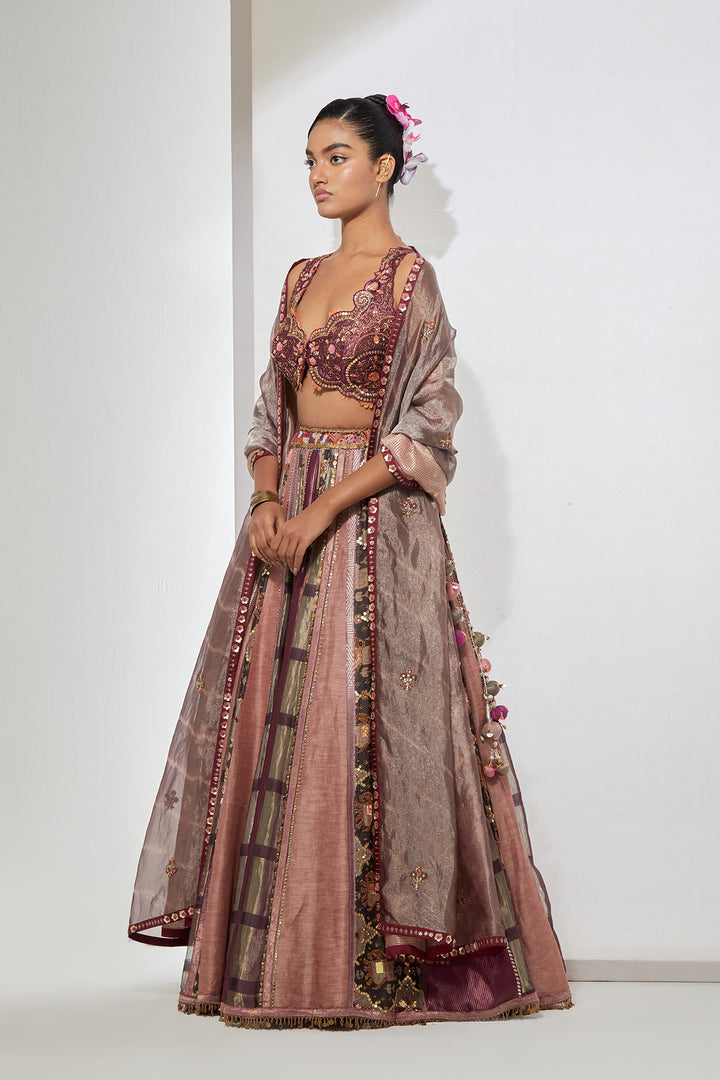 Burgundy Pink Patchwork Embellished Lehenga Set with Organza Dupatta