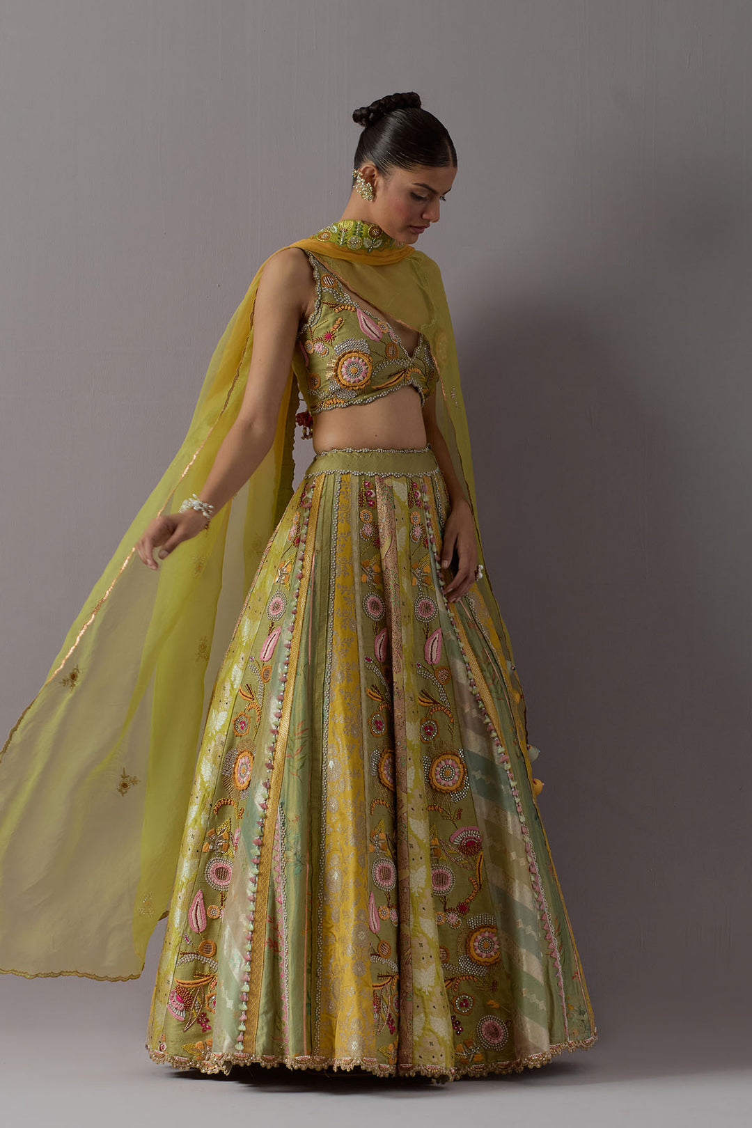 Lime green embroidered lehenga choli with dupatta