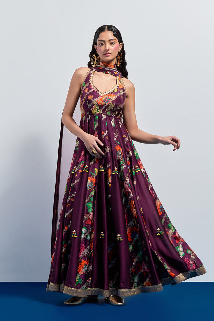 Wine multicolour anarkali set