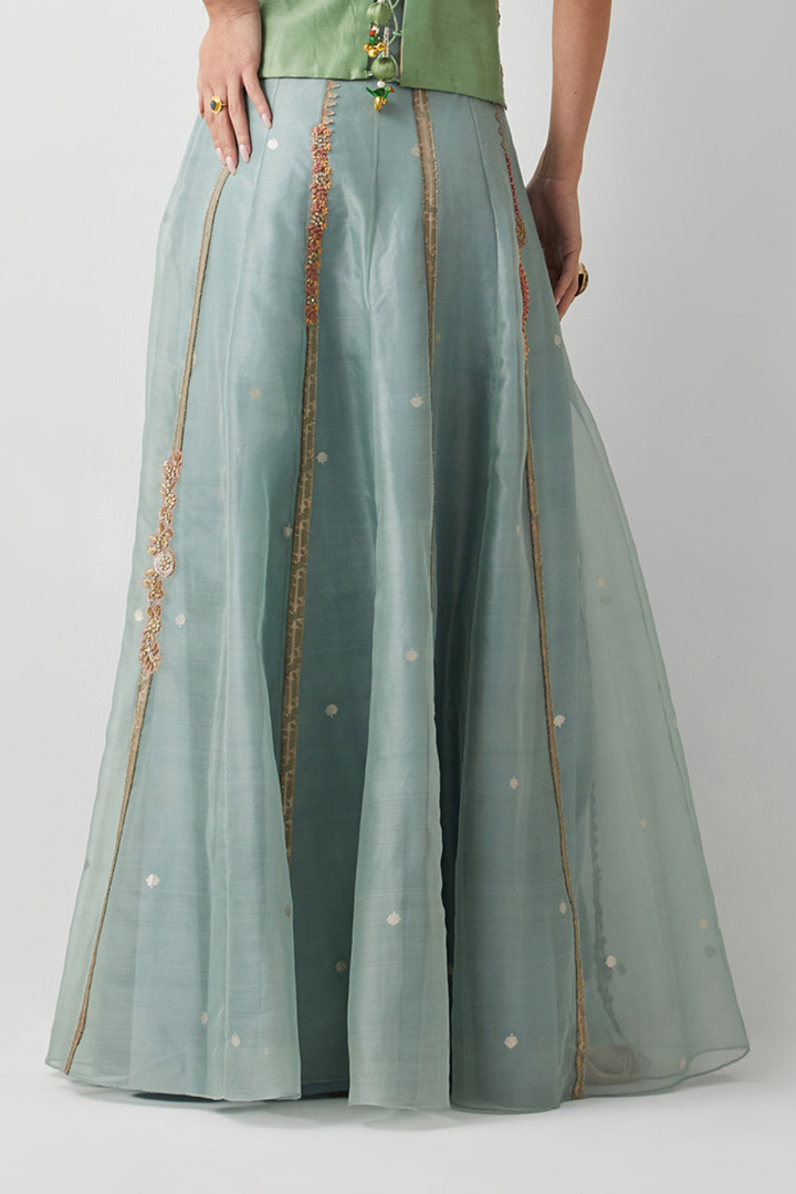 Seafoam Embroidered Organza Skirt+Pastel Patchwork Embroidered Corset