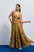 Mustard yellow hand embroidered anarkali set