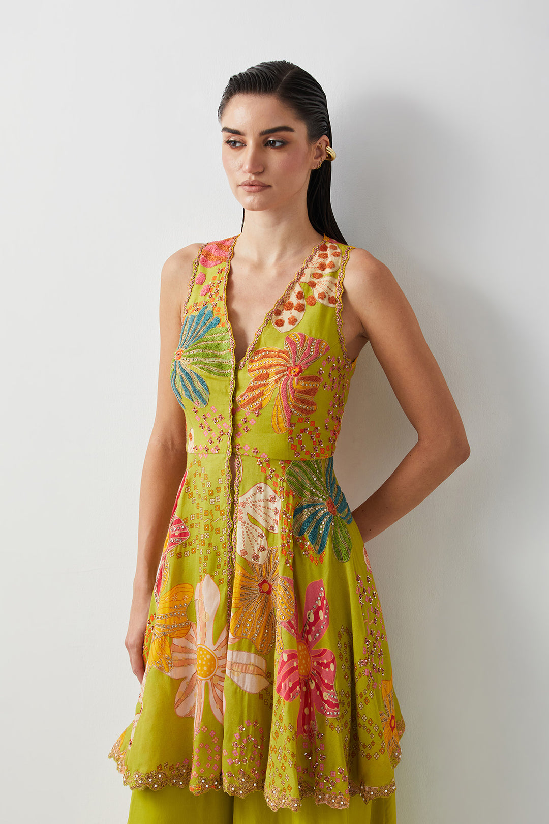Lime green embroidered peplum sharara set