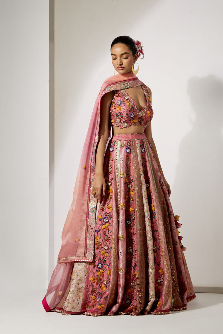 Rose Pink Embroidered Lehenga Set with Organza Dupatta