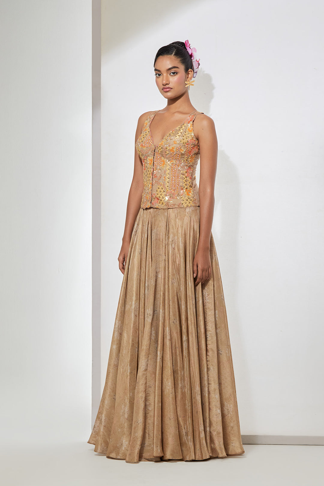 Champagne Gold Embellished Corset with Brocade Skirt Set