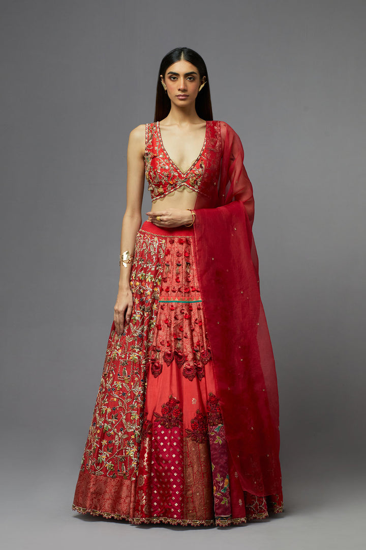 Red embroidered lehenga choli with dupatta