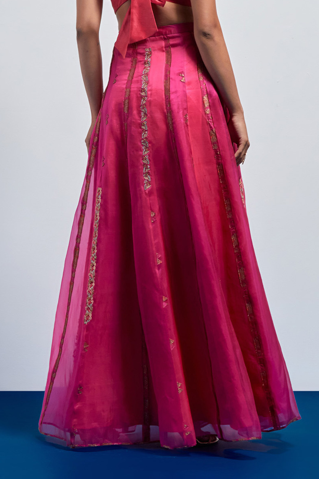 Rust Red Multi-Thread Tassel Corset+Fuchsia Pink Embroidered Organza Skirt