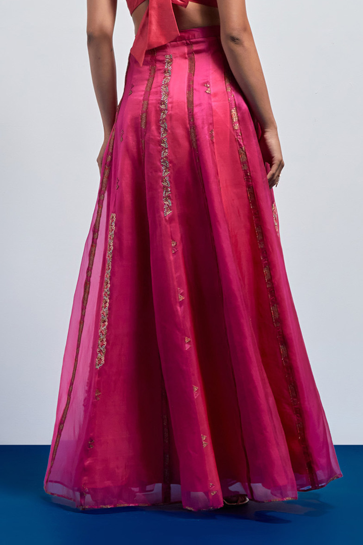 Rust Red Multi-Thread Tassel Corset+Fuchsia Pink Embroidered Organza Skirt