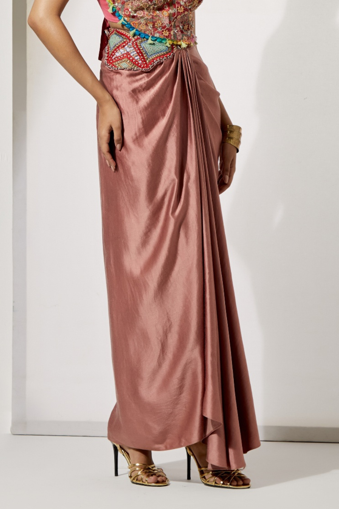 Mauve Satin Draped Skirt with Pleated Waist Detail+Rust Red Multi-Thread Tassel Corset